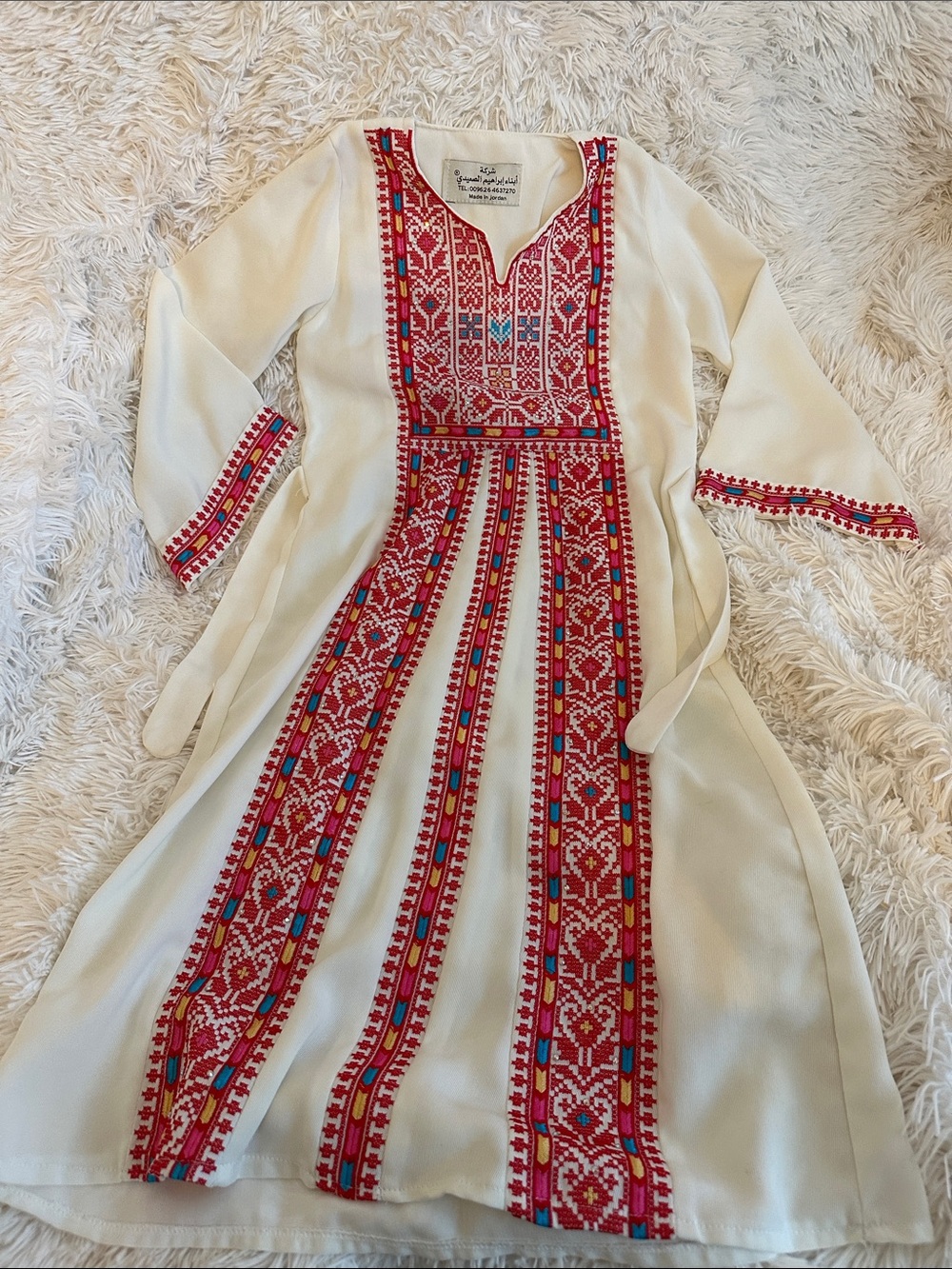 Girls Palestinian Thobe - cream with red, turquoise, pink, yellow accents